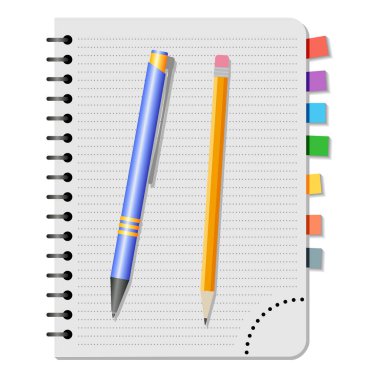 Defter ile renkli yer imleri, mavi kalem ve sarı kalem