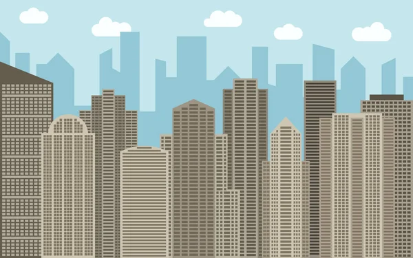 Vector εικονογράφηση του αστικού τοπίου. Το Street view με καφέ cityscape, ουρανοξύστες και μοντέρνα κτίρια στην ηλιόλουστη μέρα. — Διανυσματικό Αρχείο