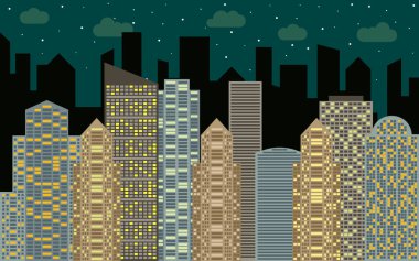 Gece kentsel peyzaj. Cityscape, gökdelenler ve modern binalar ile sokak görünümü.