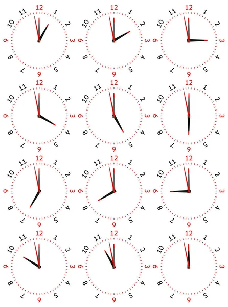 Um conjunto de relógios mecânicos com uma imagem de cada uma das doze horas . —  Vetores de Stock