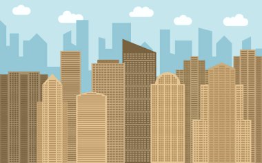 Vektör kentsel peyzaj çizim. Cityscape, gökdelenler ve güneşli bir gün, modern binalar ile sokak görünümü.