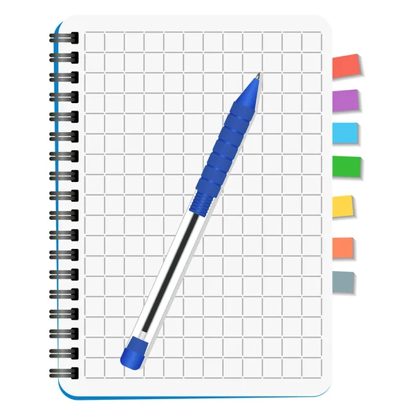 Notitieboekje met gekleurde bladwijzers en blauwe pen — Stockvector