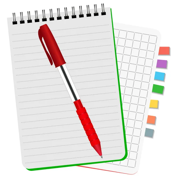 Zwei Notizbücher mit farbigen Lesezeichen und rotem Stift — Stockvektor