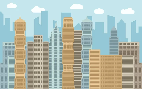 Vektor városi táj illusztráció. Utcára néző városkép, a felhőkarcolók, a modern épületek, napsütéses napon. — Stock Vector