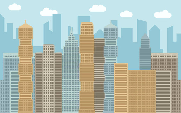 Vector urban landscape illustration. Street view with cityscape, skyscrapers and modern buildings at sunny day.