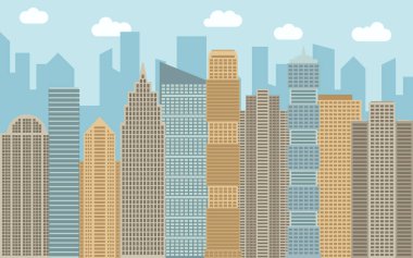Vektör kentsel peyzaj çizim. Cityscape, gökdelenler ve güneşli bir gün, modern binalar ile sokak görünümü.