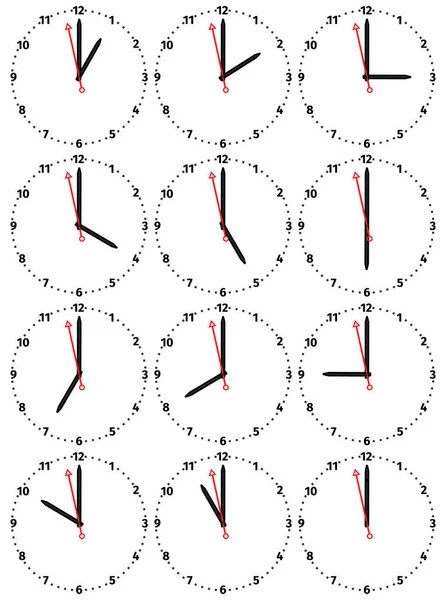 Набор механических часов с изображением каждого из двенадцати часов . — стоковый вектор