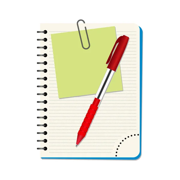 Ноутбук с зеленой бумагой и красной ручкой — стоковый вектор