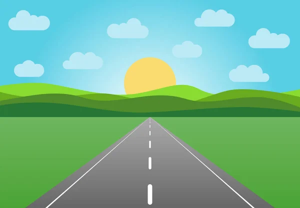 Estrada de asfalto vetorial saindo para o horizonte. Paisagem de verão com rodovia ao nascer do sol — Vetor de Stock