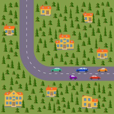 Köy planı. Yol, pinewood, arabalar ve evleri manzara. 