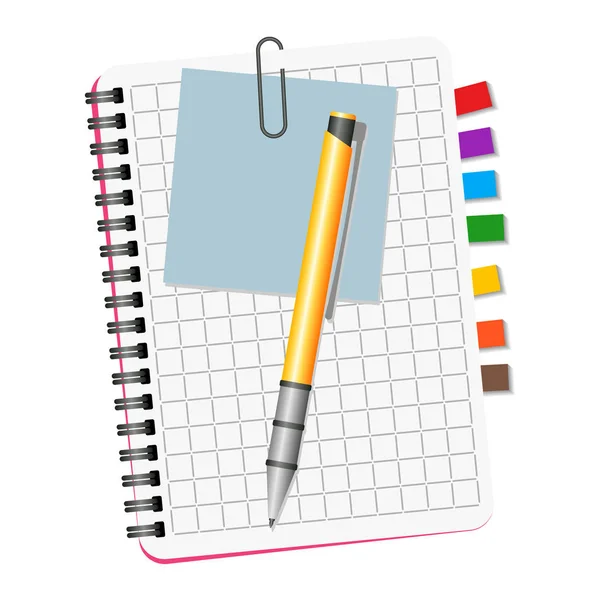 Caderno com marcadores coloridos, aviso azul e caneta amarela — Vetor de Stock