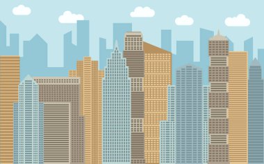 Vektör kentsel peyzaj çizim. Cityscape, gökdelenler ve güneşli bir gün, modern binalar ile sokak görünümü. 