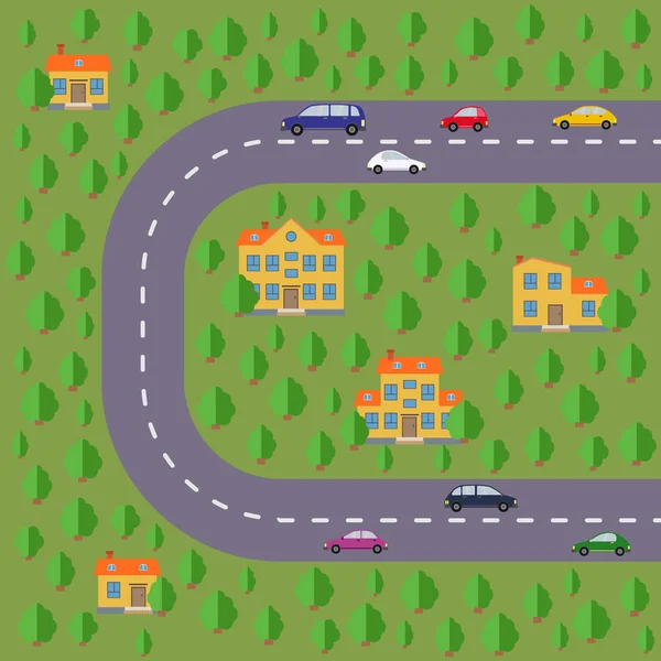 Dorfplan. Landschaft mit Straße, grünem Wald, Autos und Häusern. — Stockvektor