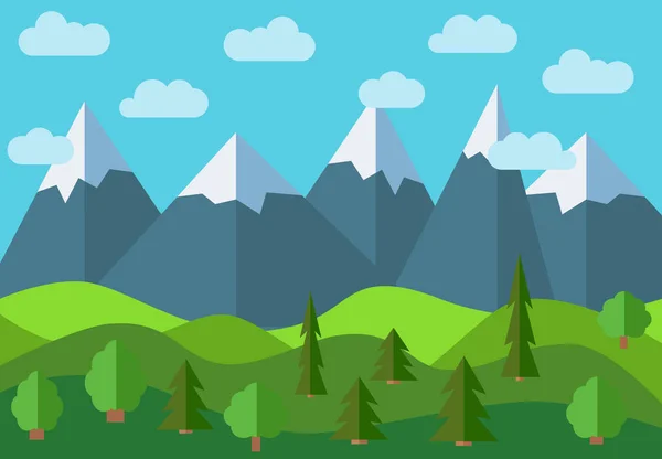 Vector paisaje de dibujos animados montaña panorámica. Paisaje natural en estilo plano con cielo azul — Vector de stock