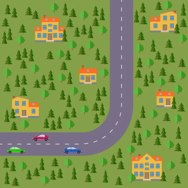 Plan du village. Paysage avec route, forêt, voitures et maisons . — Image vectorielle