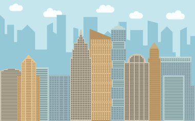 Vektör kentsel peyzaj çizim. Cityscape, gökdelenler ve güneşli bir gün, modern binalar ile sokak görünümü.