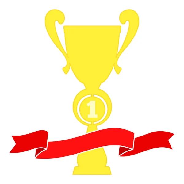 Champion cup in gold with red ribbon. Championship prizes for first place. — Stock Vector