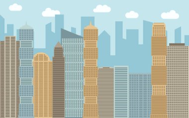 Vektör kentsel peyzaj çizim. Cityscape, gökdelenler ve güneşli bir gün, modern binalar ile sokak görünümü.