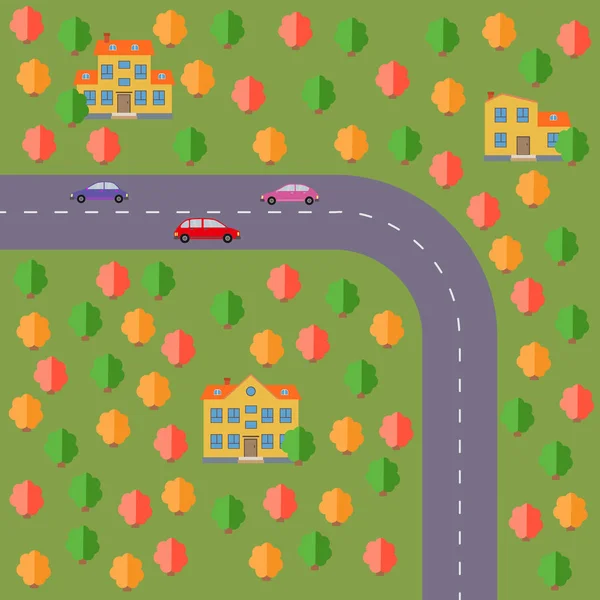 Plan miejscowości. Krajobraz z drogi, lasu, samochody i domy. — Wektor stockowy