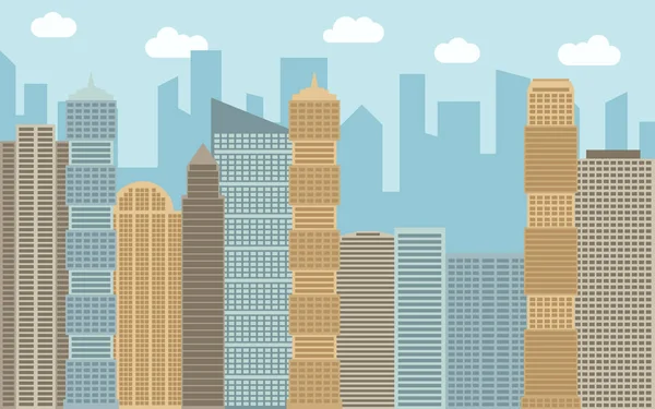 Vektör kentsel peyzaj çizim. Cityscape, gökdelenler ve güneşli bir gün, modern binalar ile sokak görünümü.