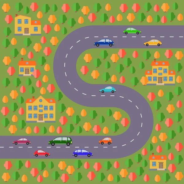 План деревни. Пейзаж с дороги, леса, автомобилей и домов . — стоковый вектор