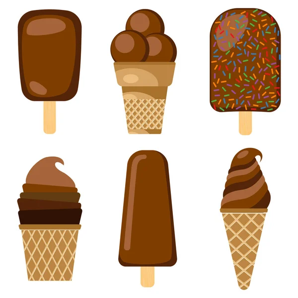 Set of vector illustration of chocolate ice cream. Chocolate ice cream on a wooden stick — Stock Vector