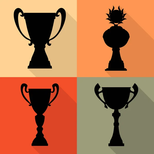 Conjunto de quatro taças campeãs de troféus vetoriais em estilo plano. Prémios do Campeonato para o primeiro lugar . — Vetor de Stock