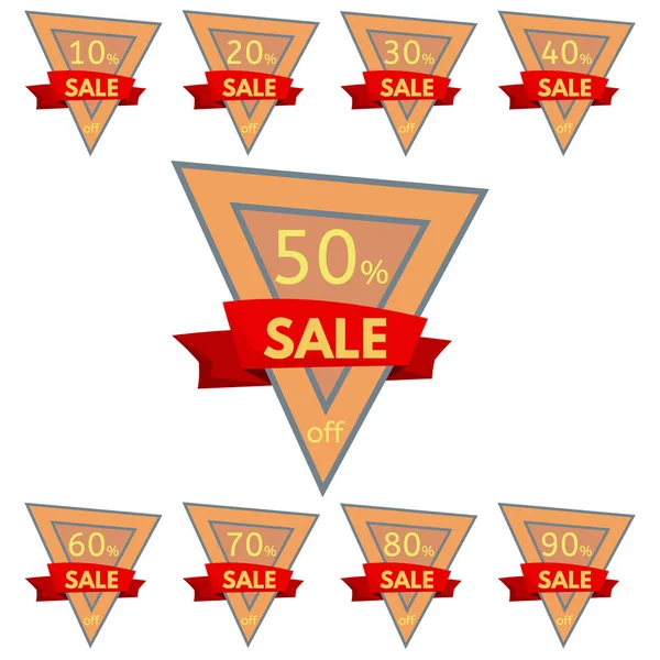 Set of discount stickers. Triangular orange badges with red ribbon for sale 10 - 90 percent off. — Stock Vector