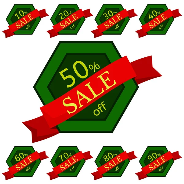 Conjunto de adesivos de desconto. Distintivos hexagonais verdes com fita vermelha para venda 10 - 90 por cento de desconto . —  Vetores de Stock