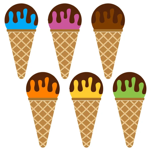 Conjunto de bolas de helado con chocolate en un cuerno de gofre . — Archivo Imágenes Vectoriales