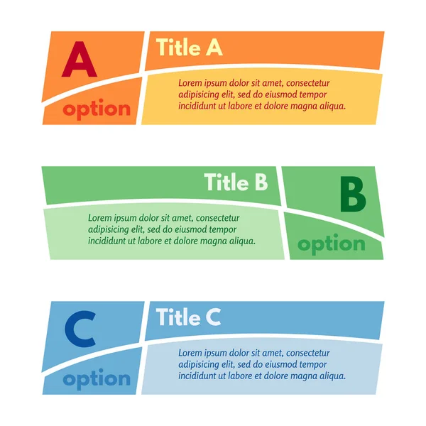 Conjunto de três banners de opções coloridas horizontais. Modelo de design infográfico passo a passo . —  Vetores de Stock