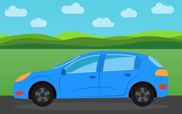 Azul coche deportivo en el fondo de la naturaleza paisaje durante el día — Vector de stock