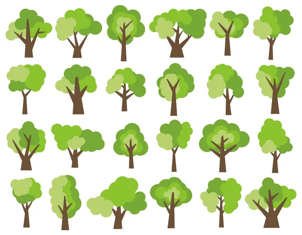Набір з двадцяти чотирьох різних мультяшних зелених дерев ізольовані на білому тлі . — стоковий вектор