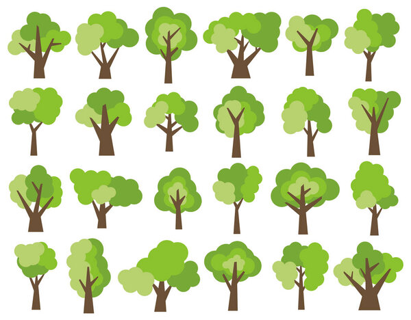 Set of twenty four different cartoon green trees isolated on white background.