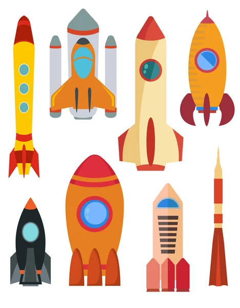 Conjunto de nave espacial vectorial. Ocho cohetes aislados sobre fondo blanco . — Vector de stock