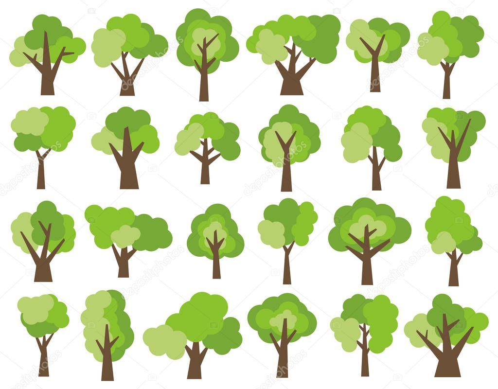 Set of twenty four different cartoon green trees isolated on white background.