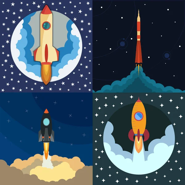 Ensemble de quatre fusées spatiales en pièce ronde. Lancement de fusée spatiale — Image vectorielle