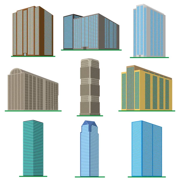 Conjunto de nueve edificios modernos de gran altura sobre un fondo blanco — Vector de stock