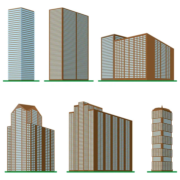 Ensemble de six gratte-ciel modernes sur fond blanc . — Image vectorielle