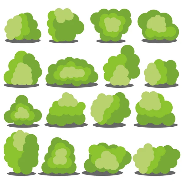 Набір з шістнадцяти різних мультиплікаційних зелених кущів ізольовані на білому тлі — стоковий вектор