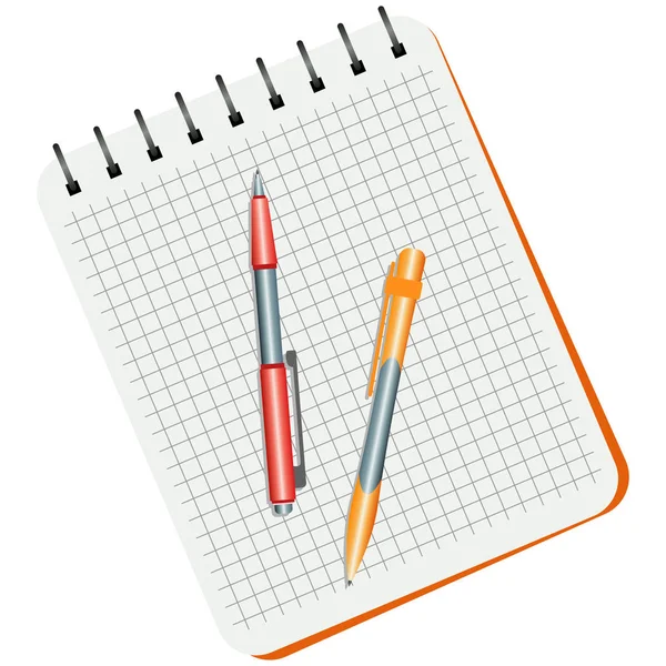 Notebook, rode pen en gele pen — Stockvector