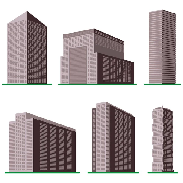 Uppsättning av sex moderna höghusbyggnad på vit bakgrund. — Stock vektor