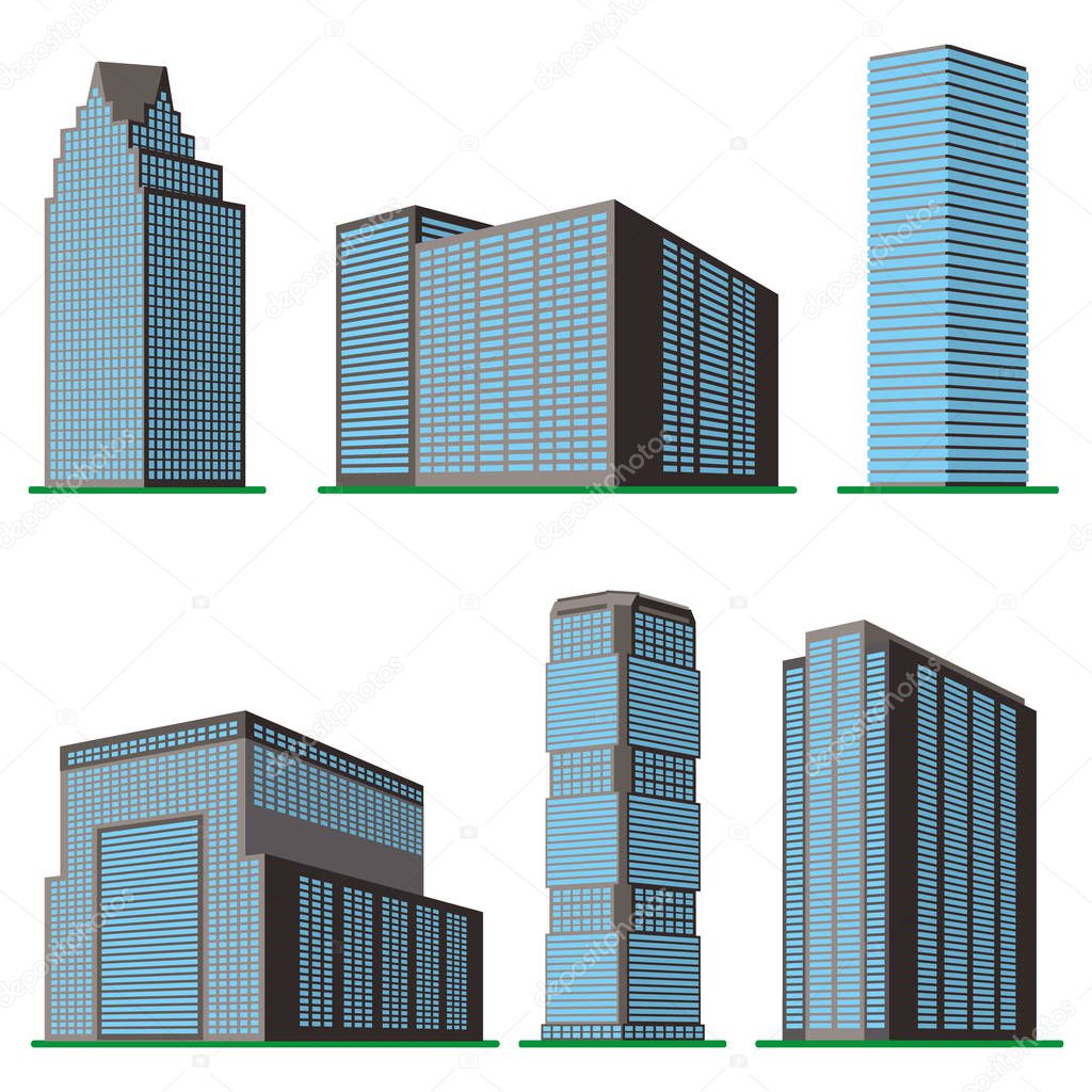 Set of six  modern high-rise building on a white background