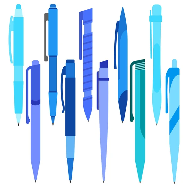 Uppsättning av blå pennor på en vit bakgrund — Stock vektor