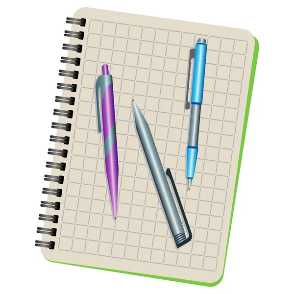 Notebook en drie pennen — Stockvector