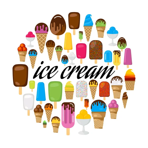 Daire içinde renkli dondurma kümesi. Siyah yazıt dondurma Merkezi