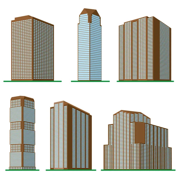Set van zes moderne hoogbouw bouwen op een witte achtergrond — Stockvector