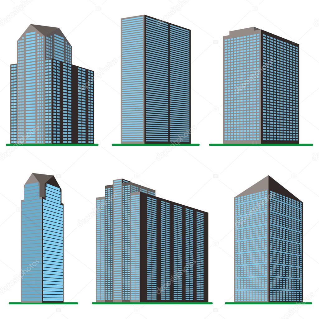 Set of six  modern high-rise building on a white background.