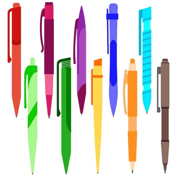 Ensemble de stylos multicolores sur fond blanc . — Image vectorielle