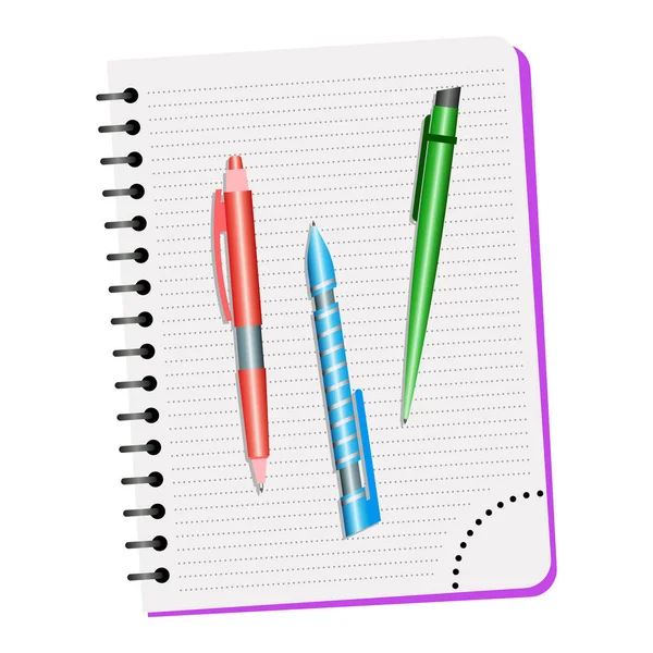 Cuaderno y tres bolígrafos — Vector de stock